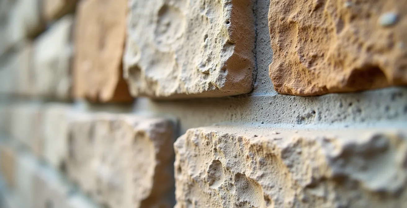 Gros plan sur un mur en pierre avec joints à la chaux fraîchement réalisés montrant les nuances de texture