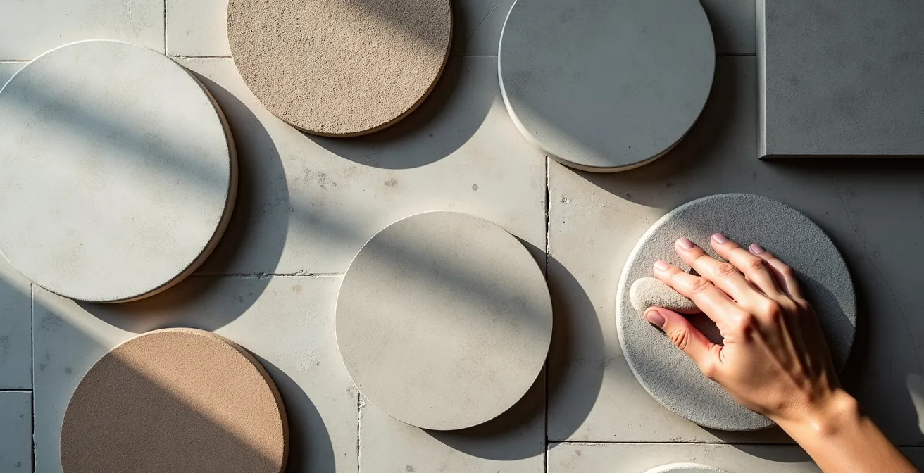 Détails de finitions béton montrant différentes textures terrazzo et patines naturelles