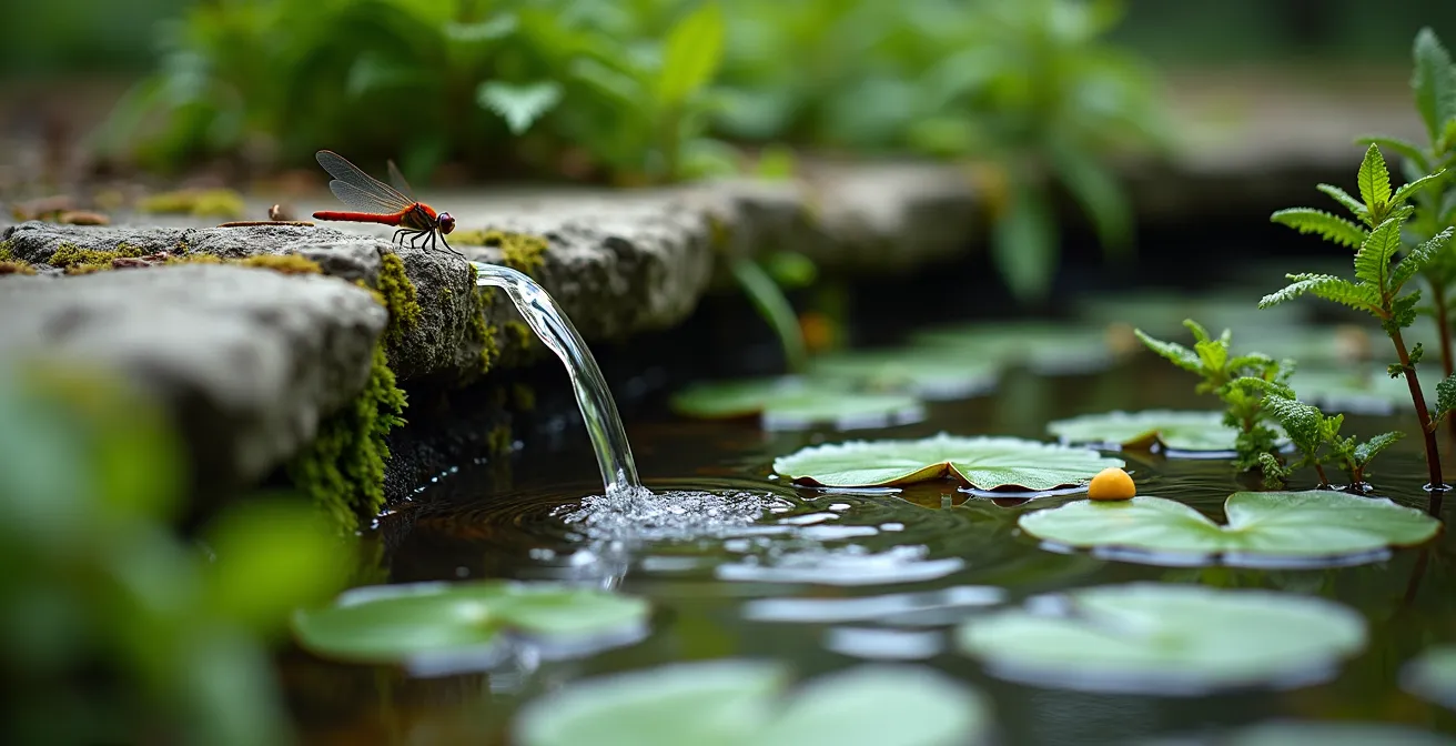 Fontaine en pierre naturelle avec vasque peu profonde entourée de plantes aquatiques dans un jardin français
