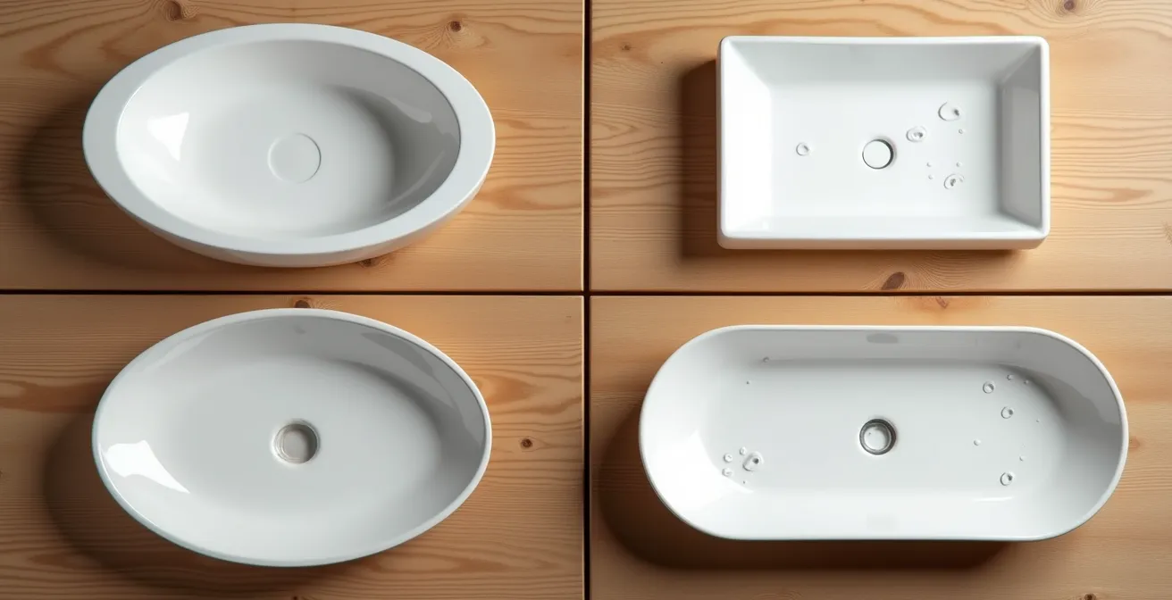 Vue aérienne de quatre vasques de formes différentes sur des plans de toilette en bois