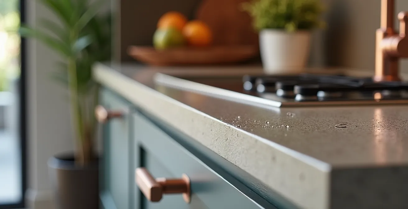 Îlot central de cuisine en béton ciré avec évier intégré et plaque de cuisson affleurante