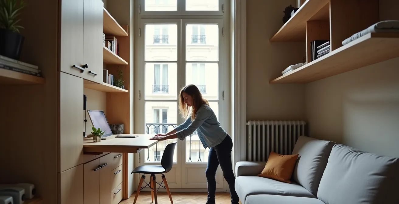 Petit appartement parisien avec bureau escamotable et étagères évolutives en bois clair