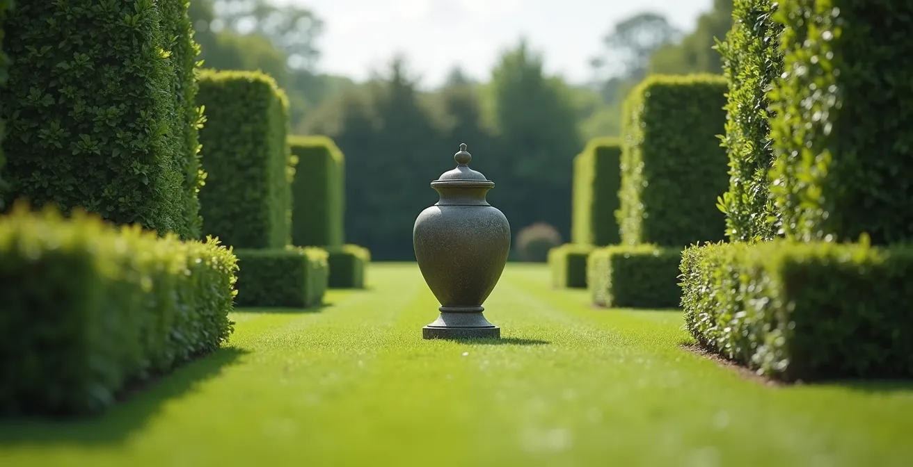 Jardin français épuré avec une seule sculpture centrale entourée d'espace négatif et de végétation structurée