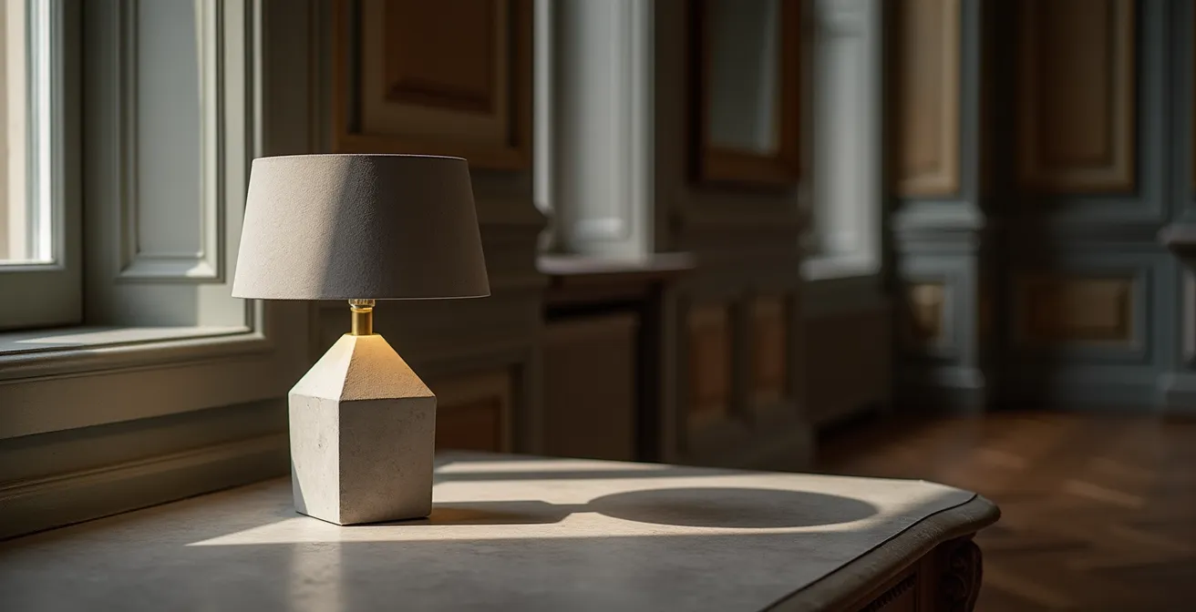 Lampe design en béton dans un intérieur parisien classique avec moulures et parquet
