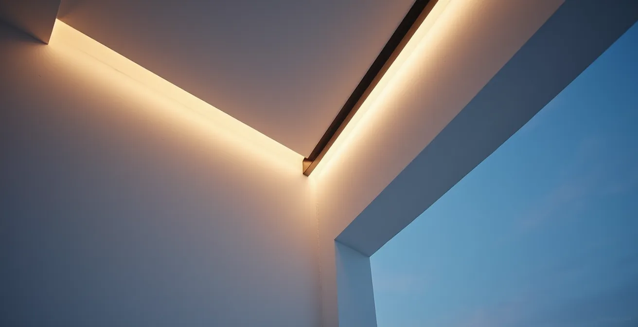 Système d'éclairage architectural avec gorges lumineuses et corniches LED dans un salon épuré