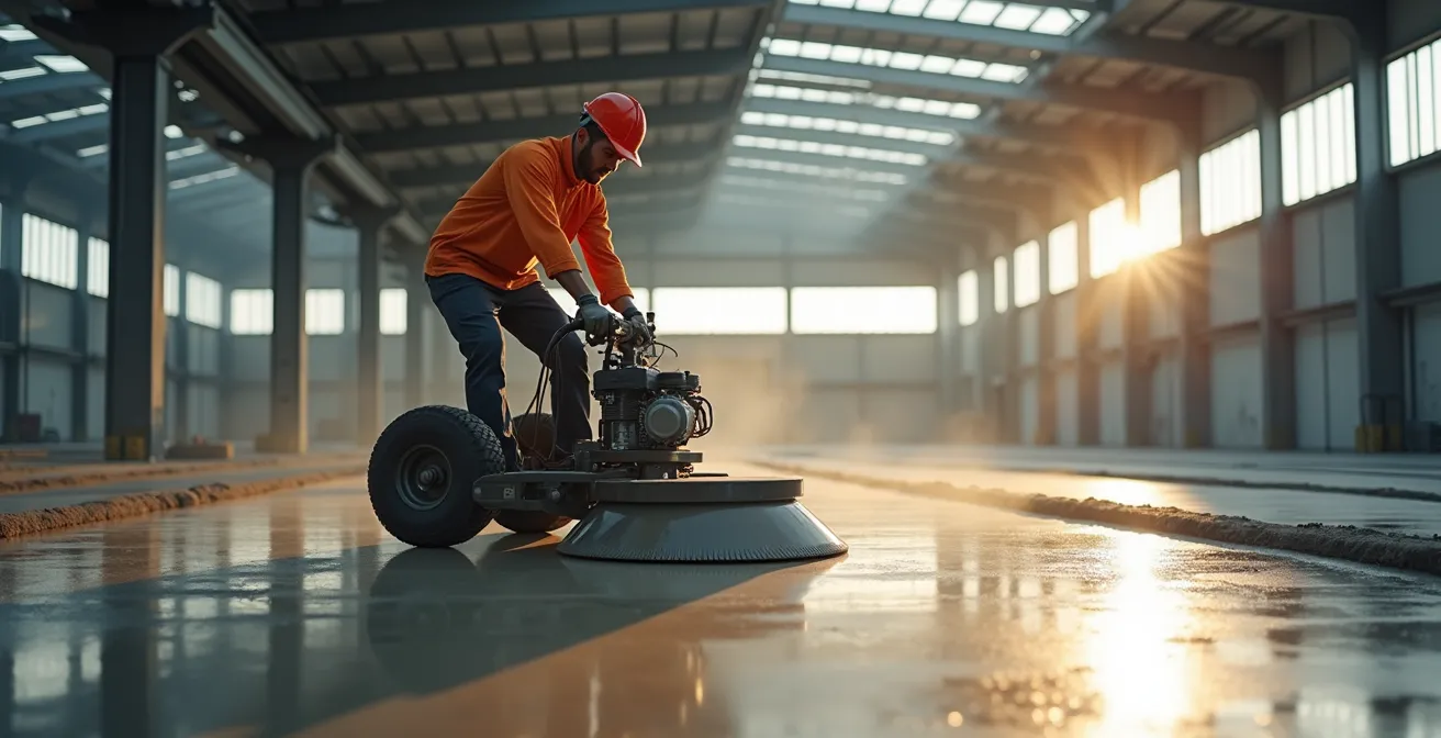 Un artisan utilise une truelle mécanique, ou hélicoptère, pour lisser une dalle de béton fraîche dans un espace de style industriel.