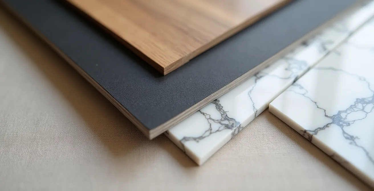 Gros plan sur trois échantillons de matériaux pour bout de canapé : bois de chêne, métal noir mat et marbre blanc veiné