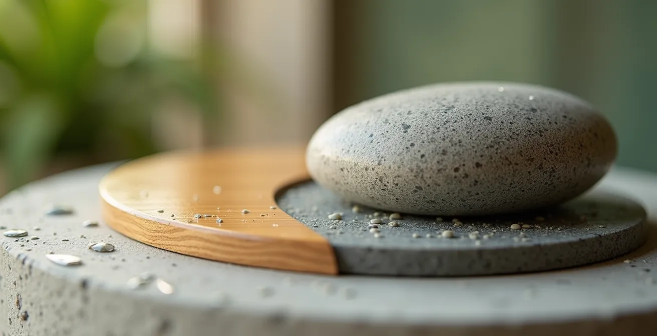 Gros plan sur textures naturelles mélangées : bois, pierre et béton dans une salle de bain