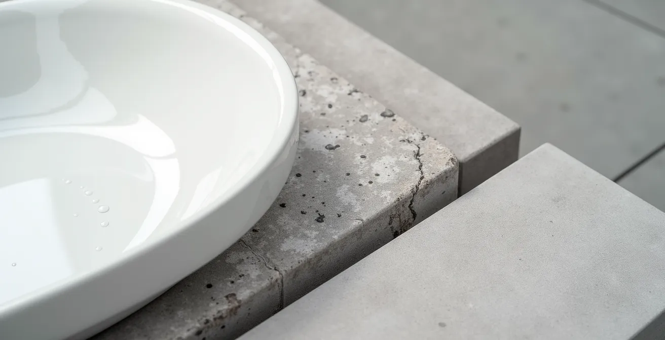 Gros plan sur trois échantillons de matériaux pour vasque : céramique blanche, pierre grise et béton ciré