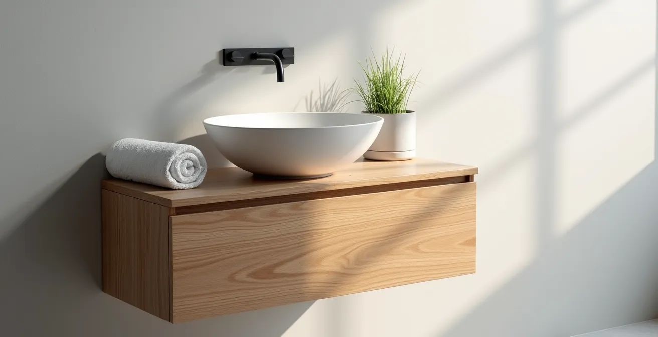 Meuble sous-vasque en chêne massif avec vasque à poser blanche dans ambiance minimaliste