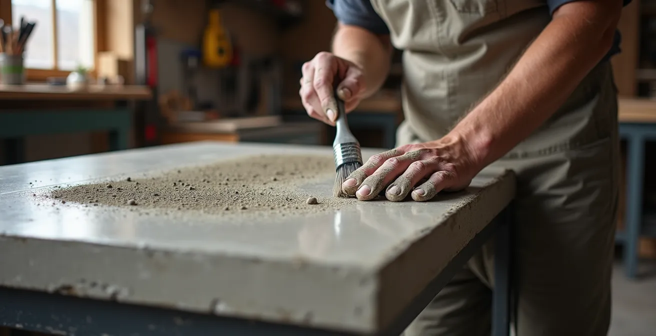 Table basse design en béton ciré avec pieds métalliques dans un salon contemporain
