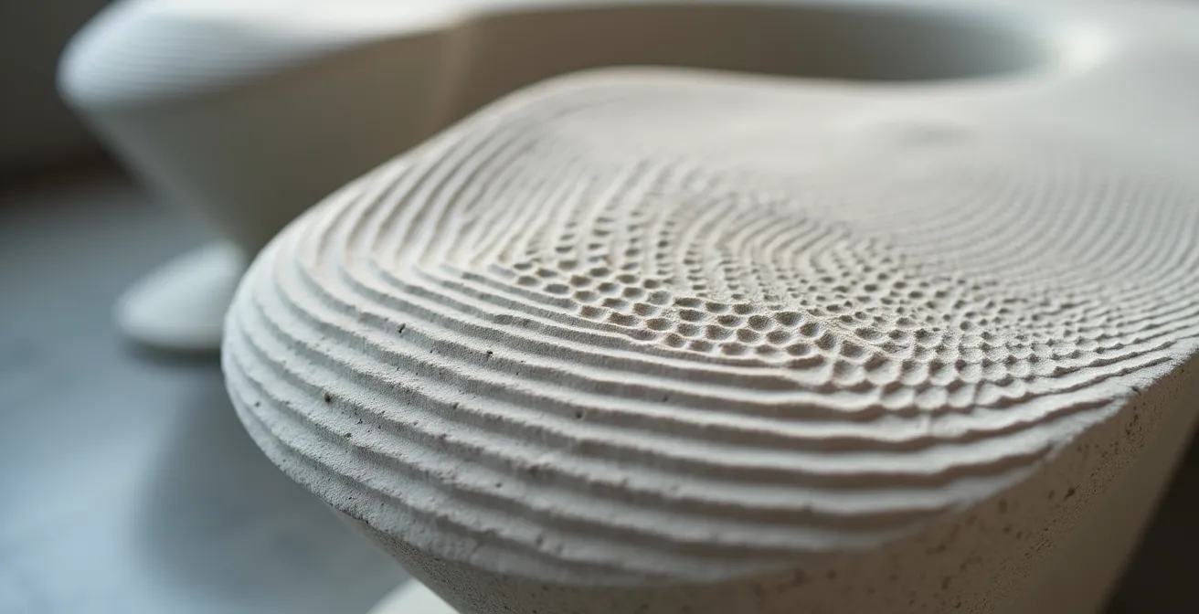 Banc en béton aux formes organiques créé par impression 3D avec structure alvéolaire visible