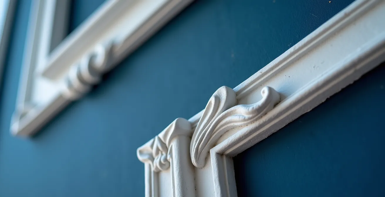 Moulures blanches sur mur bleu nuit dans un salon haussmannien