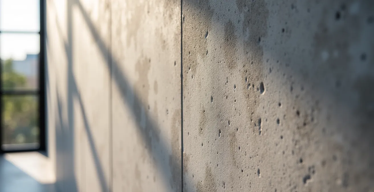 Mur avec effet béton ciré texturé éclairé par lumière naturelle latérale