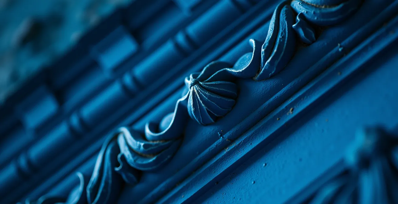 Mur peint en bleu profond avec moulures et portes assorties dans un appartement haussmannien