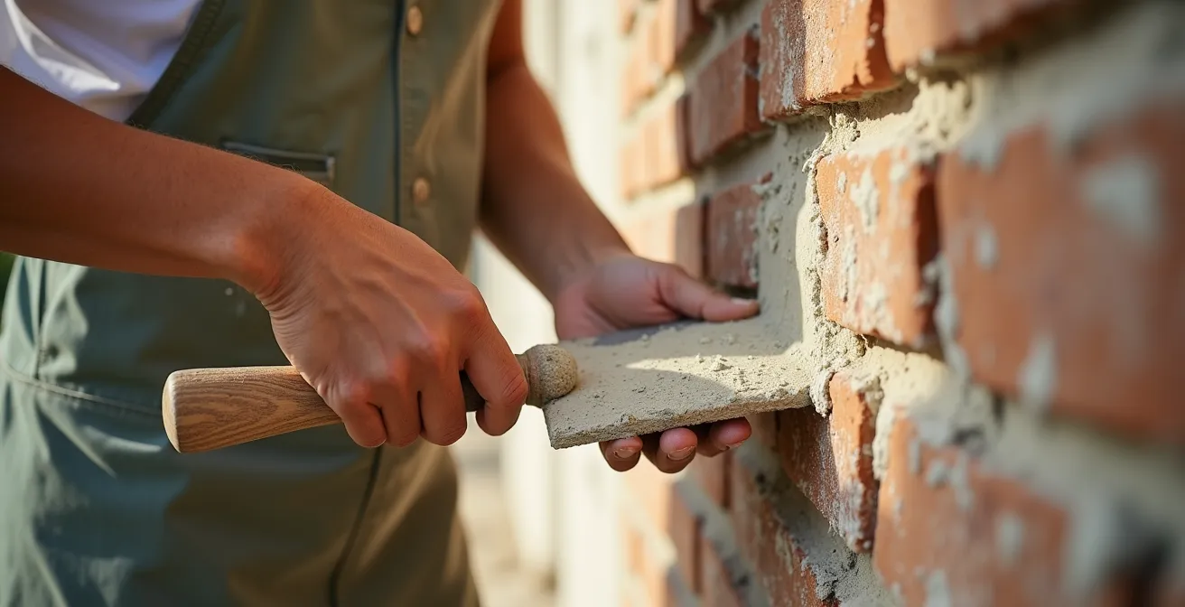 Application professionnelle d'enduit à la chaux sur un mur extérieur en briques.