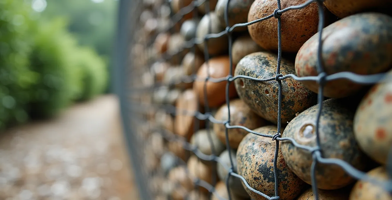 Construction détaillée d'un mur de soutènement en gabions montrant les couches de drainage.
