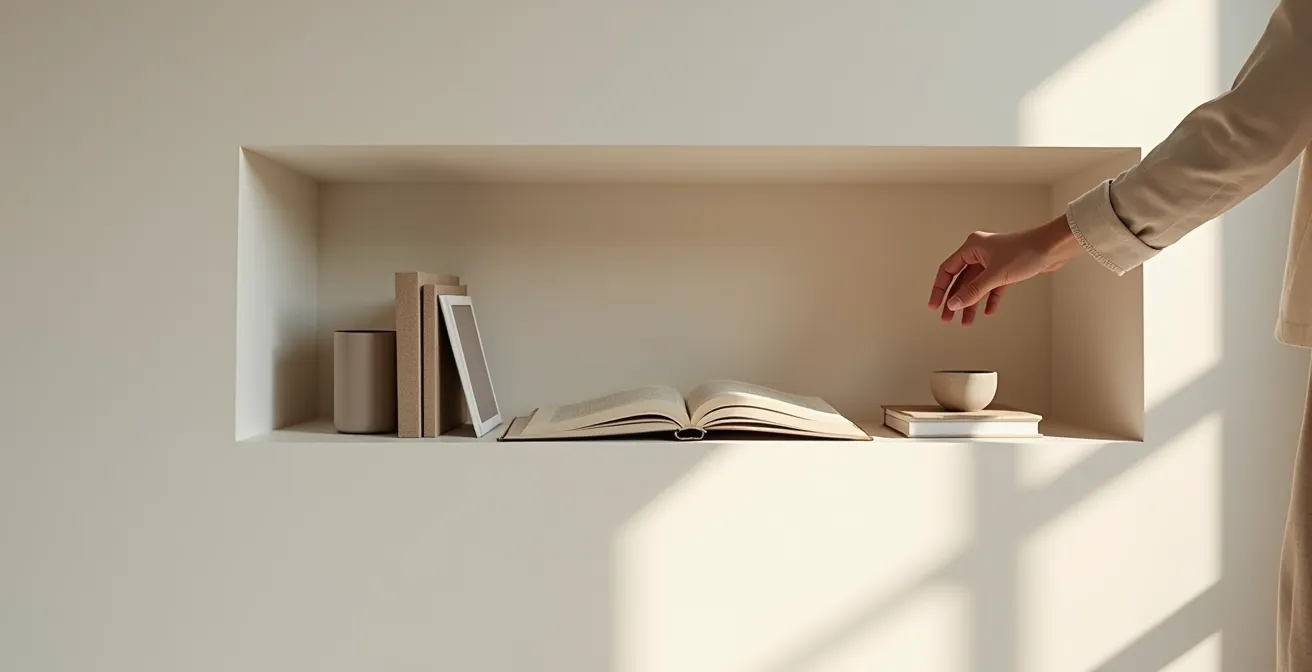 Niche murale peinte ton sur ton créant un effet de rangement invisible dans un intérieur minimaliste