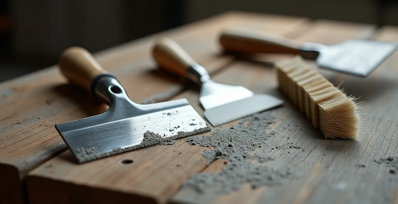 Gros plan sur différentes taloches et spatules pour application béton ciré