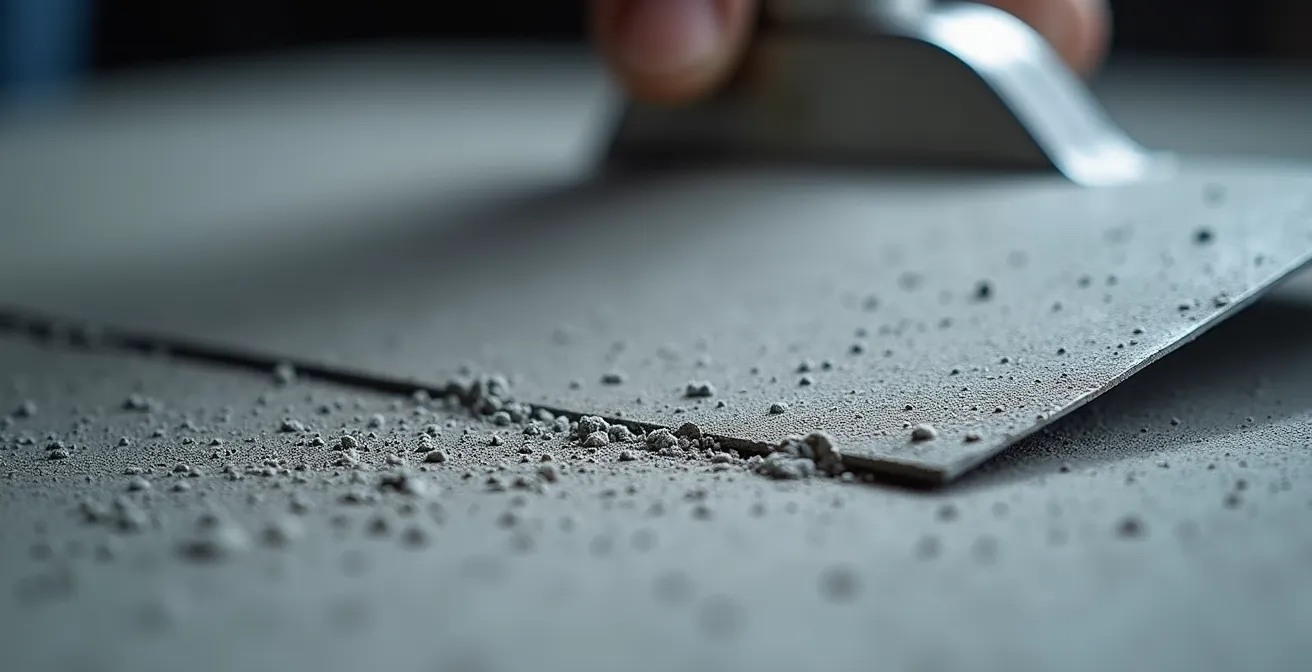 Gros plan sur une taloche inox utilisée pour le ferrage d'un enduit béton avec effet de brillance