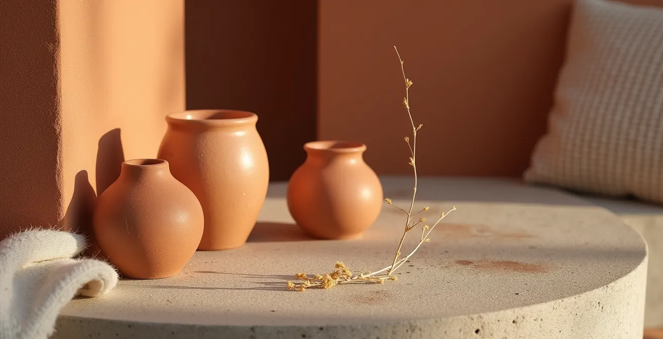 Association de béton gris avec des touches de terracotta et textiles naturels dans un intérieur méditerranéen
