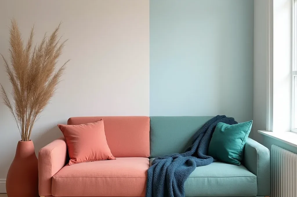 Salon avec base neutre et accessoires colorés interchangeables montrant l'évolution saisonnière