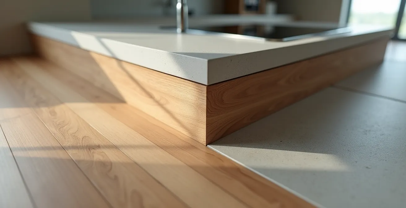 Vue détaillée d'une petite cuisine moderne montrant l'optimisation de l'espace et la continuité visuelle avec le salon