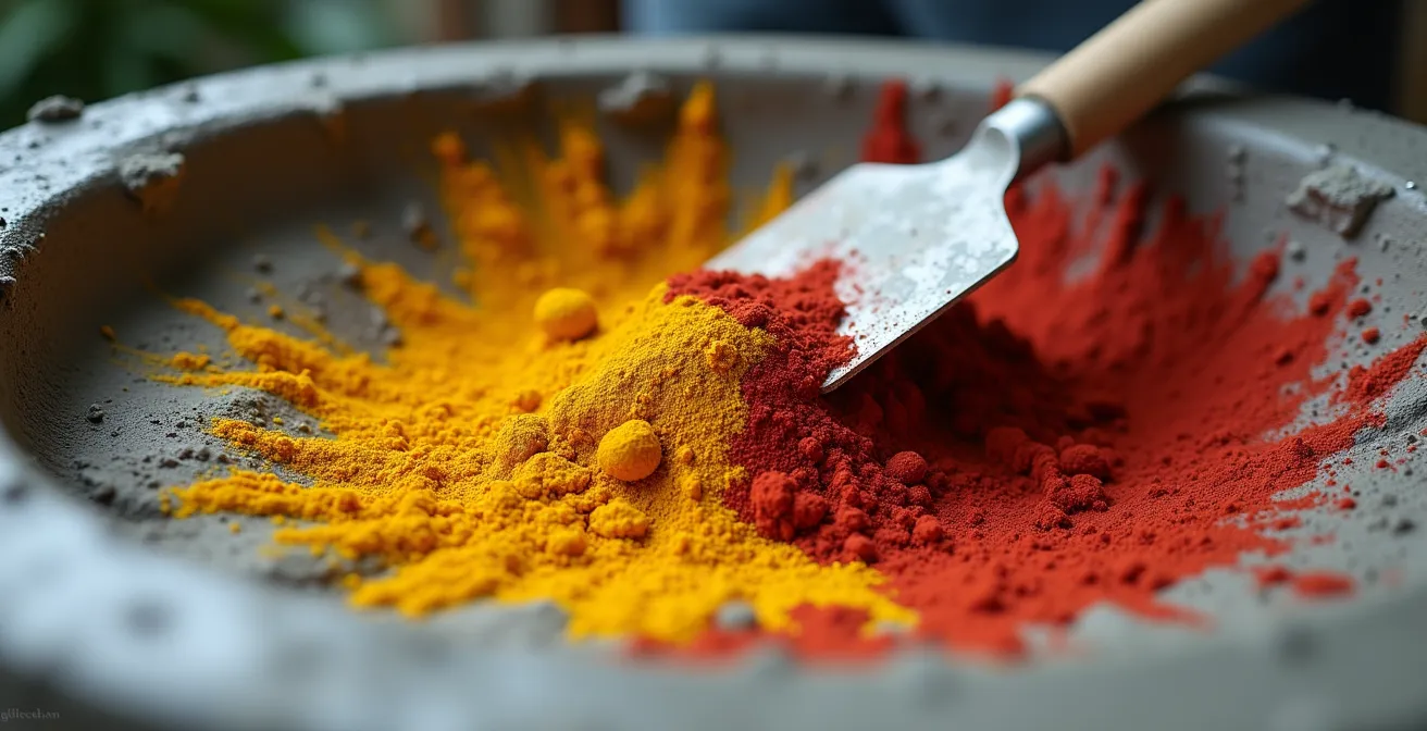 Gros plan sur mélange de pigments colorés avec béton en préparation