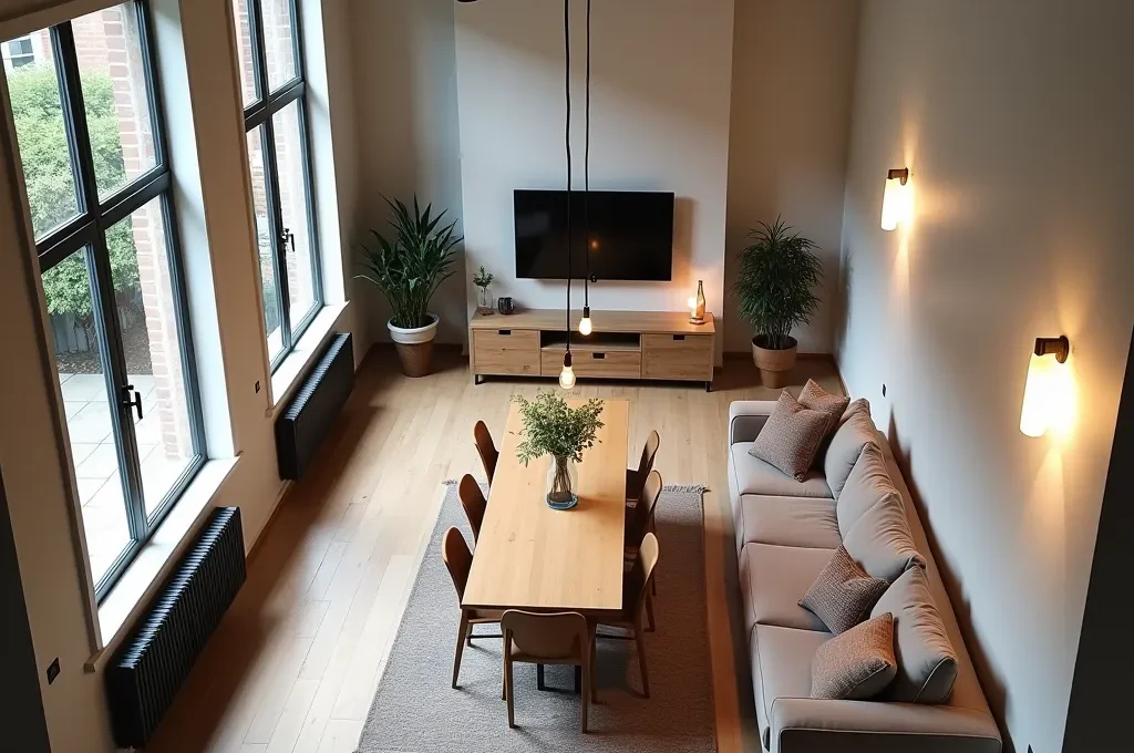 Vue aérienne d'un salon avec disposition stratégique de luminaires industriels