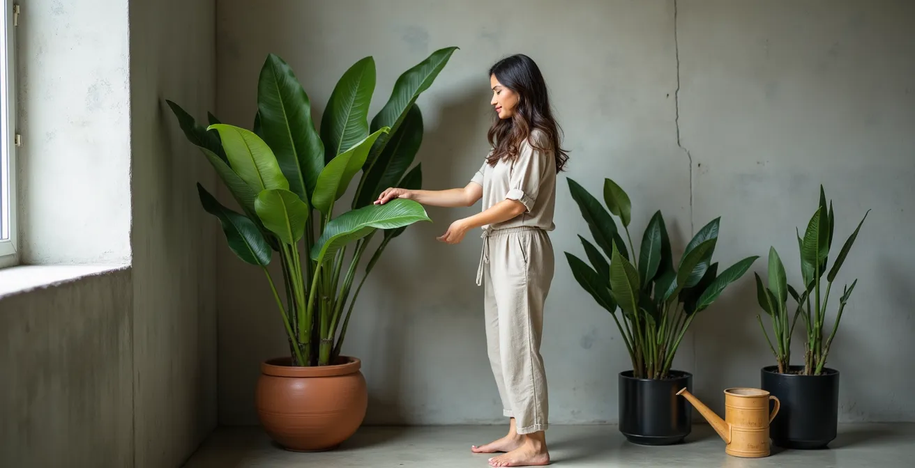 Grande plante tropicale dans un pot en béton brut contre un mur de béton ciré