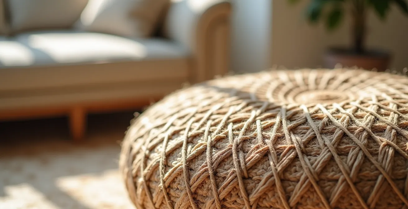 Pouf structuré en jute tressé dans un salon lumineux