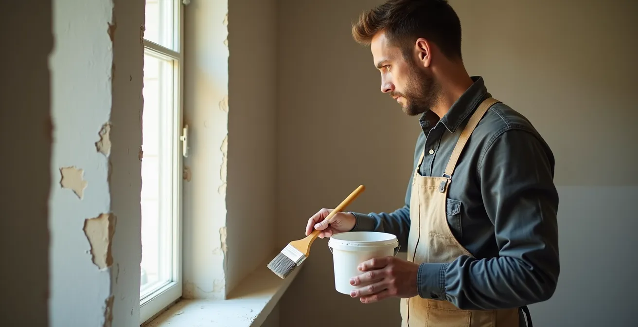 Artisan préparant un mur avec primaire d'accrochage avant application béton ciré
