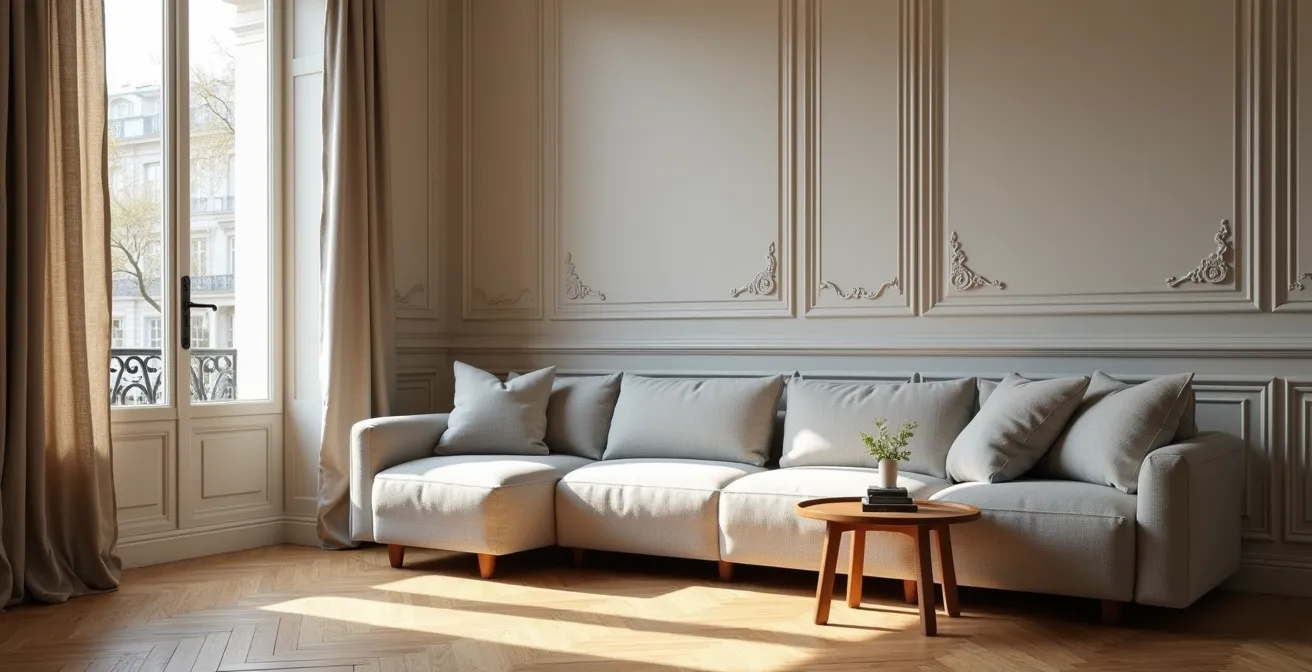 Vue d'ensemble d'un salon parisien montrant les proportions harmonieuses entre canapé, bout de canapé et espace de circulation