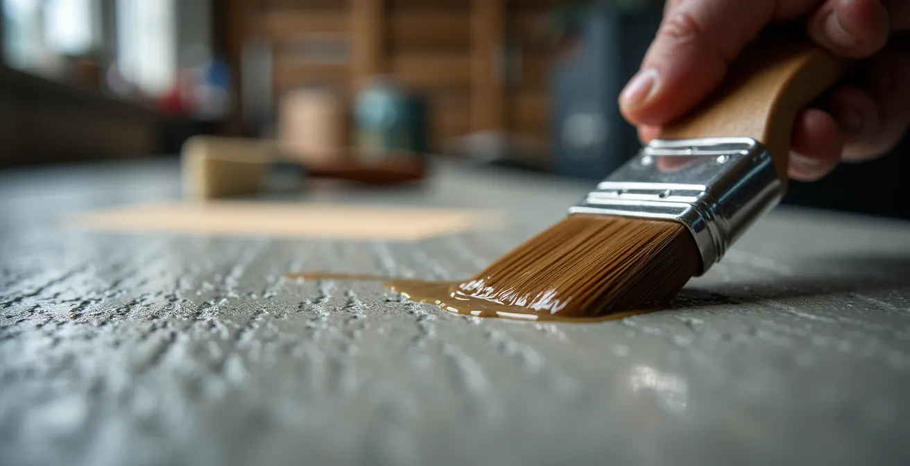 Application d'un vernis protecteur mat sur un plan de travail en béton ciré