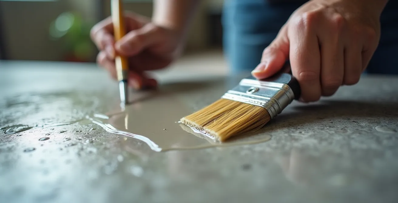 Application d'un vernis protecteur sur un plan de travail en béton ciré avec une brosse professionnelle