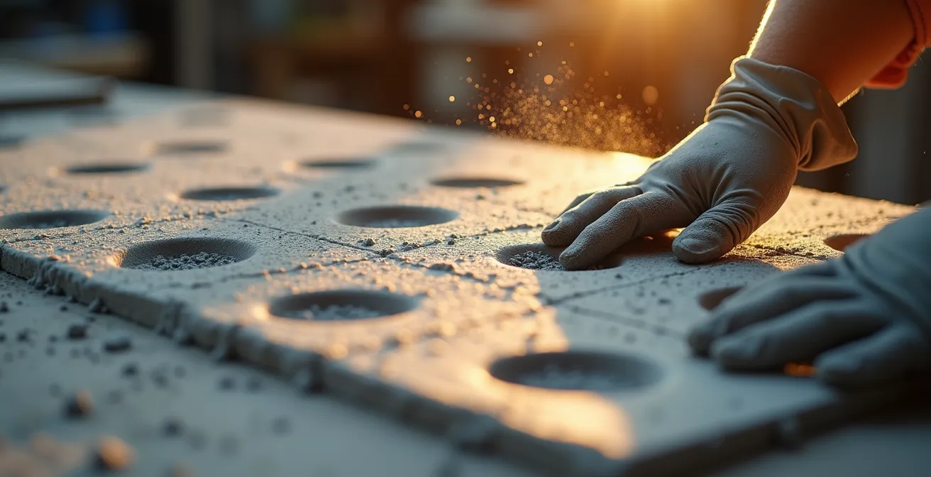 Prototype de meuble en béton dans un atelier avec moules et outils de façonnage