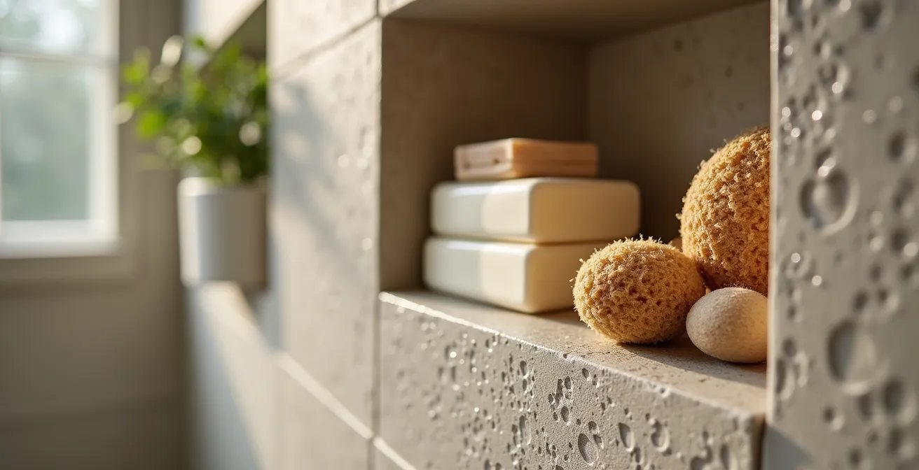 Niche de douche carrelée intégrée avec étagères en pierre naturelle dans une salle de bain contemporaine
