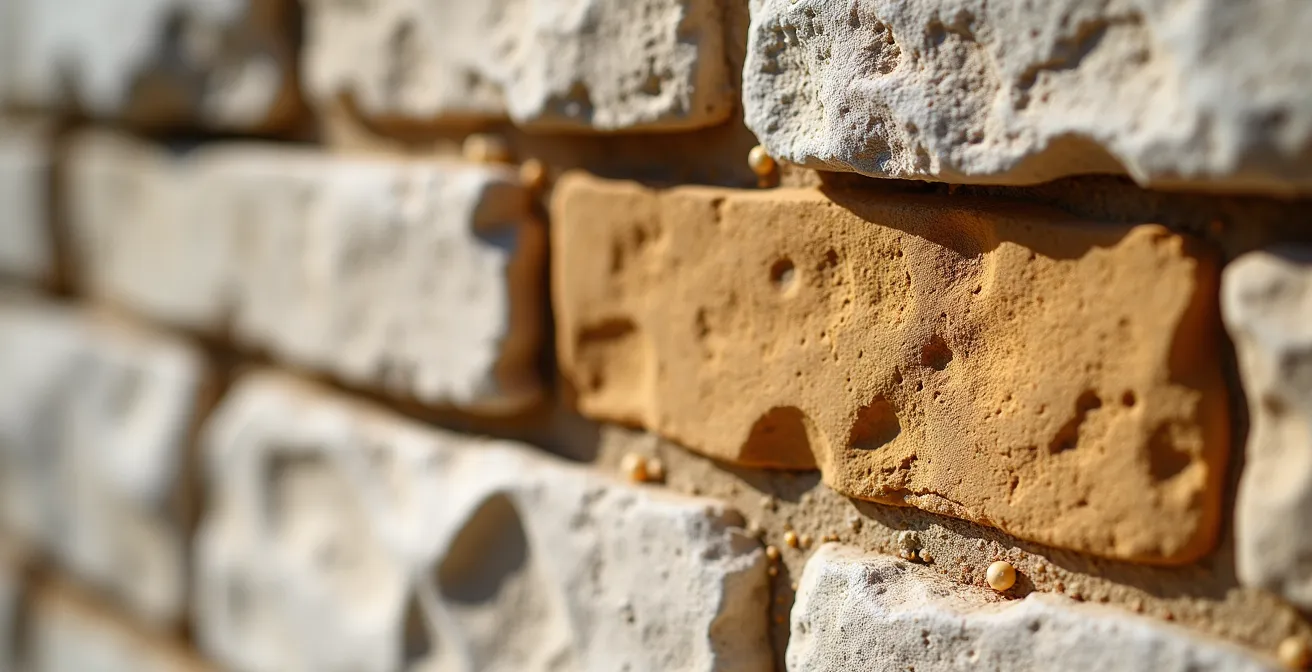 Gros plan sur un mur en pierre avec des joints à la chaux fraîchement rénovés, montrant différentes teintes de mortier