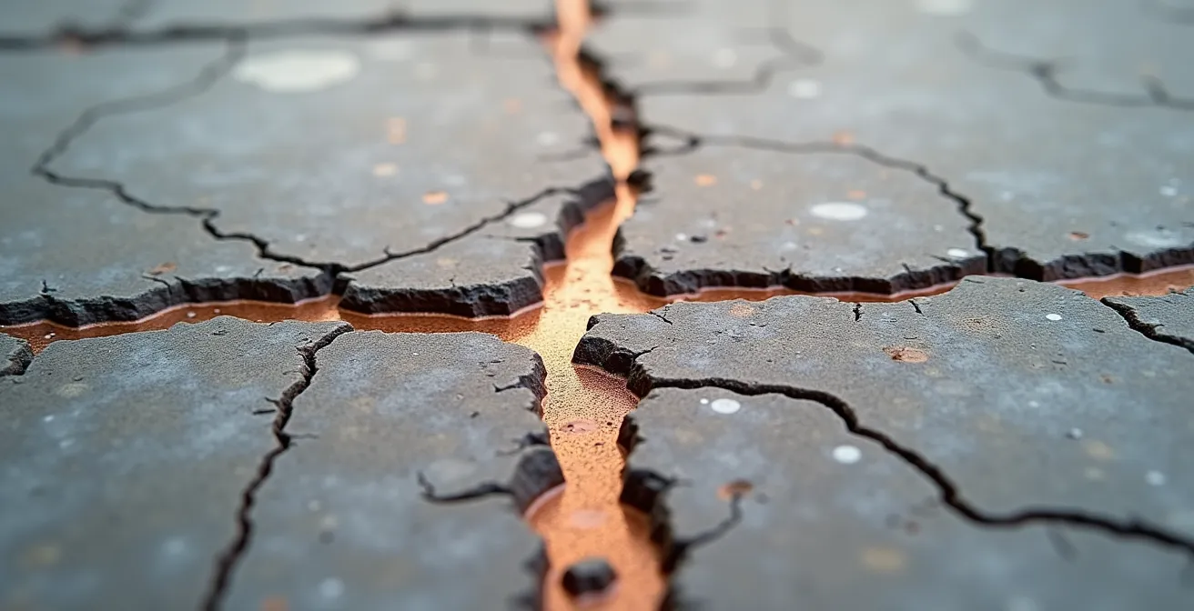 Fissures d'une dalle de béton réparées avec la technique Kintsugi, utilisant une résine dorée qui crée un motif artistique.