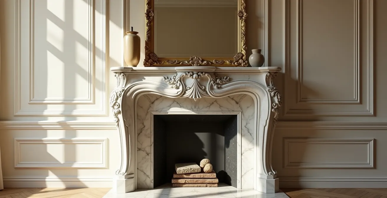 Cheminée en marbre restaurée avec détails dorés dans appartement haussmannien