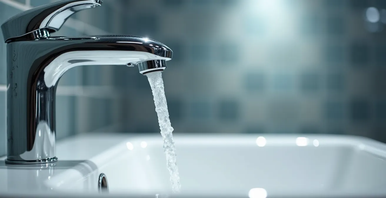 Vue de profil d'un robinet surélevé au-dessus d'une vasque montrant l'angle optimal du jet d'eau