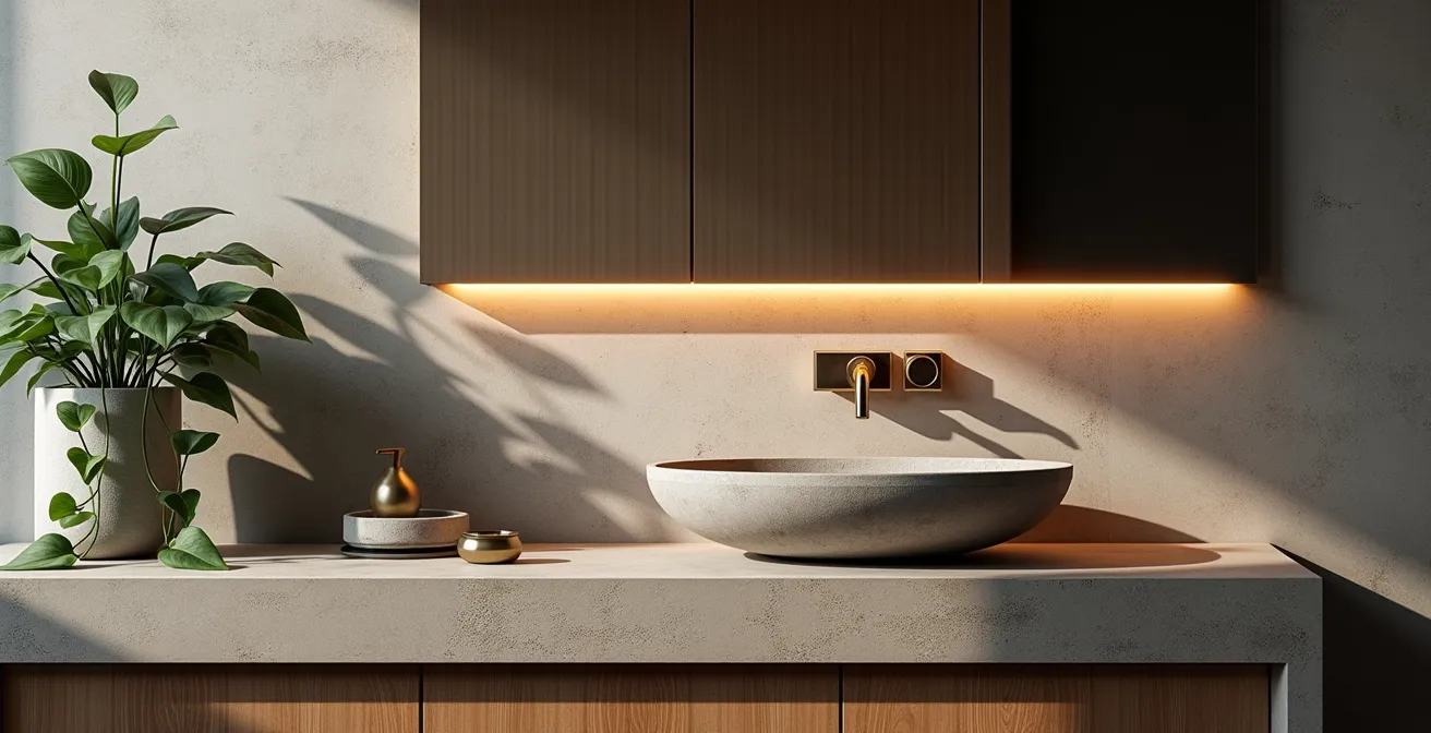 Salle de bain moderne avec vasque en béton ciré et accents de bois chaleureux