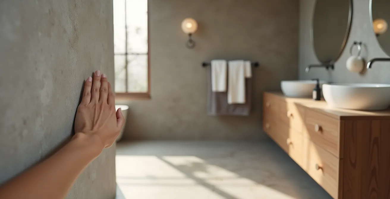Salle de bain moderne et épurée avec un béton ciré gris clair au sol et sur les murs, illustrant une finition professionnelle réussie.