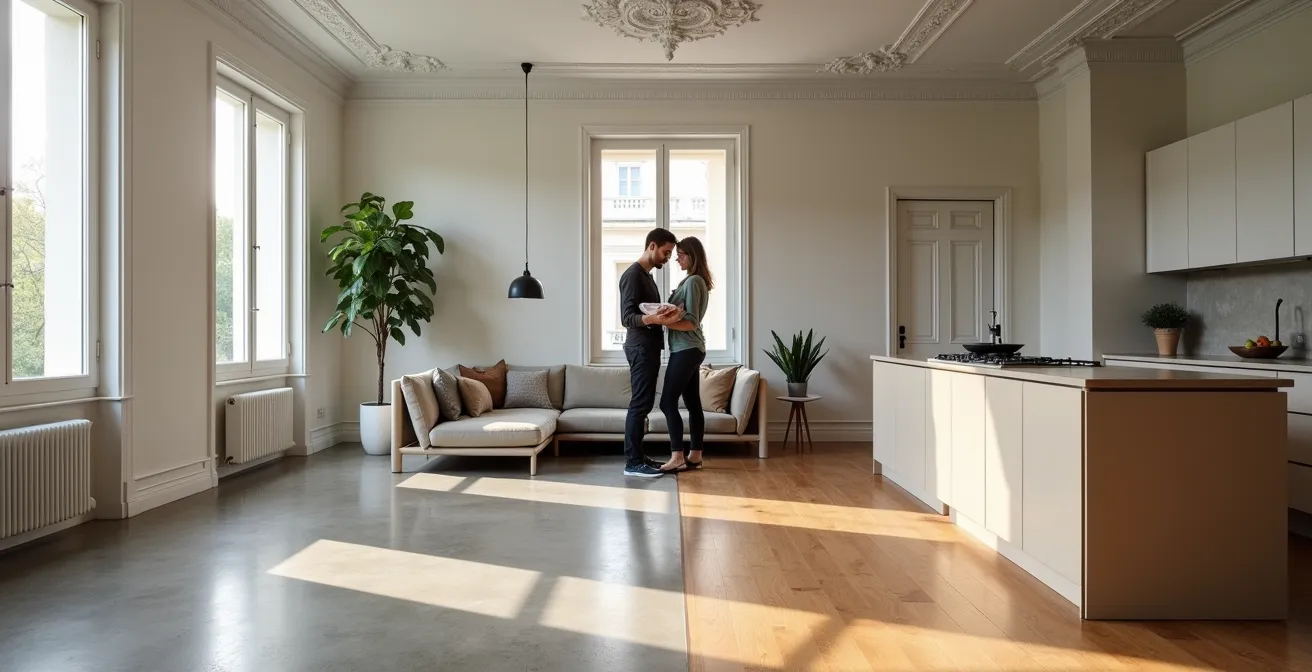 Transition harmonieuse entre béton ciré et parquet dans un salon français contemporain