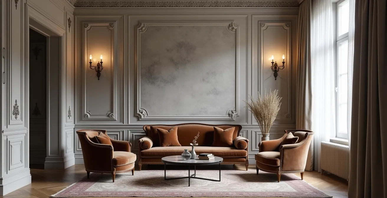 Salon haussmannien avec mur en béton ciré contrastant avec les moulures classiques