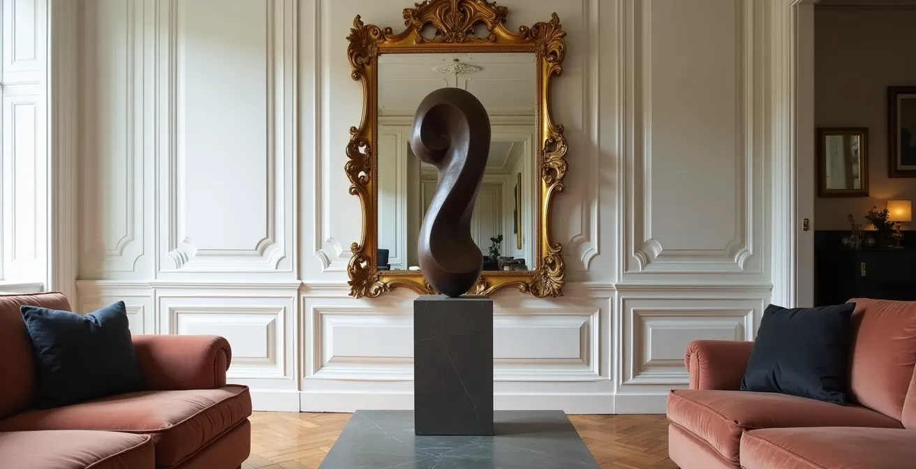 Salon haussmannien avec sculpture contemporaine comme point focal devant miroir doré