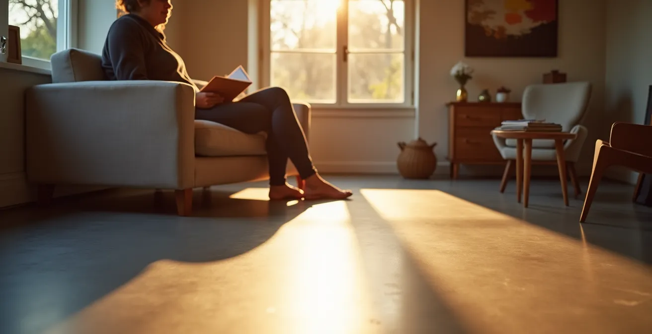 Salon moderne avec sol en béton ciré satiné baigné de lumière naturelle montrant les reflets subtils