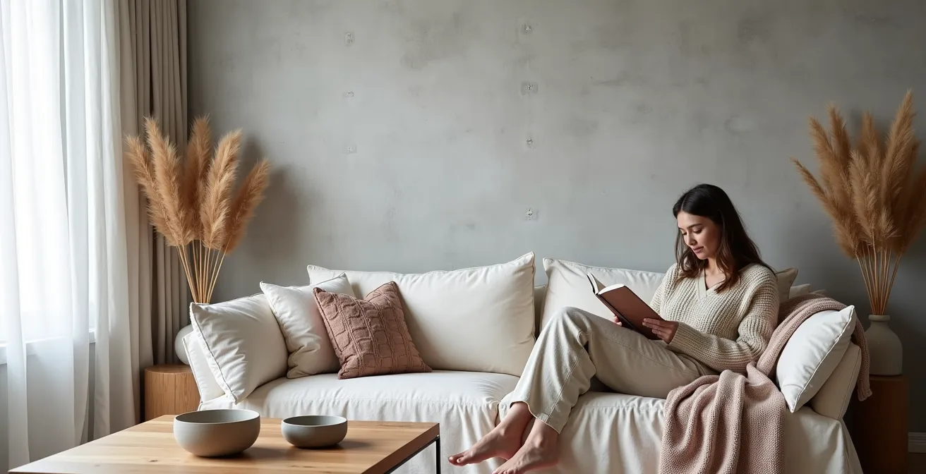 Salon au style scandinave avec mur béton ciré clair, mobilier en bois naturel et textiles doux