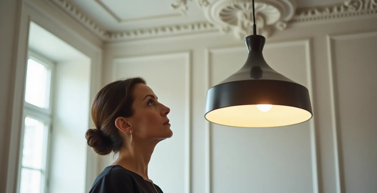 Suspension design épurée suspendue à une rosace en plâtre ornementée