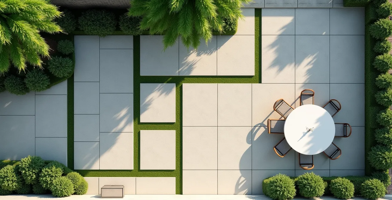 Vue aérienne d'une terrasse en béton avec calepinage géométrique et intégration paysagère